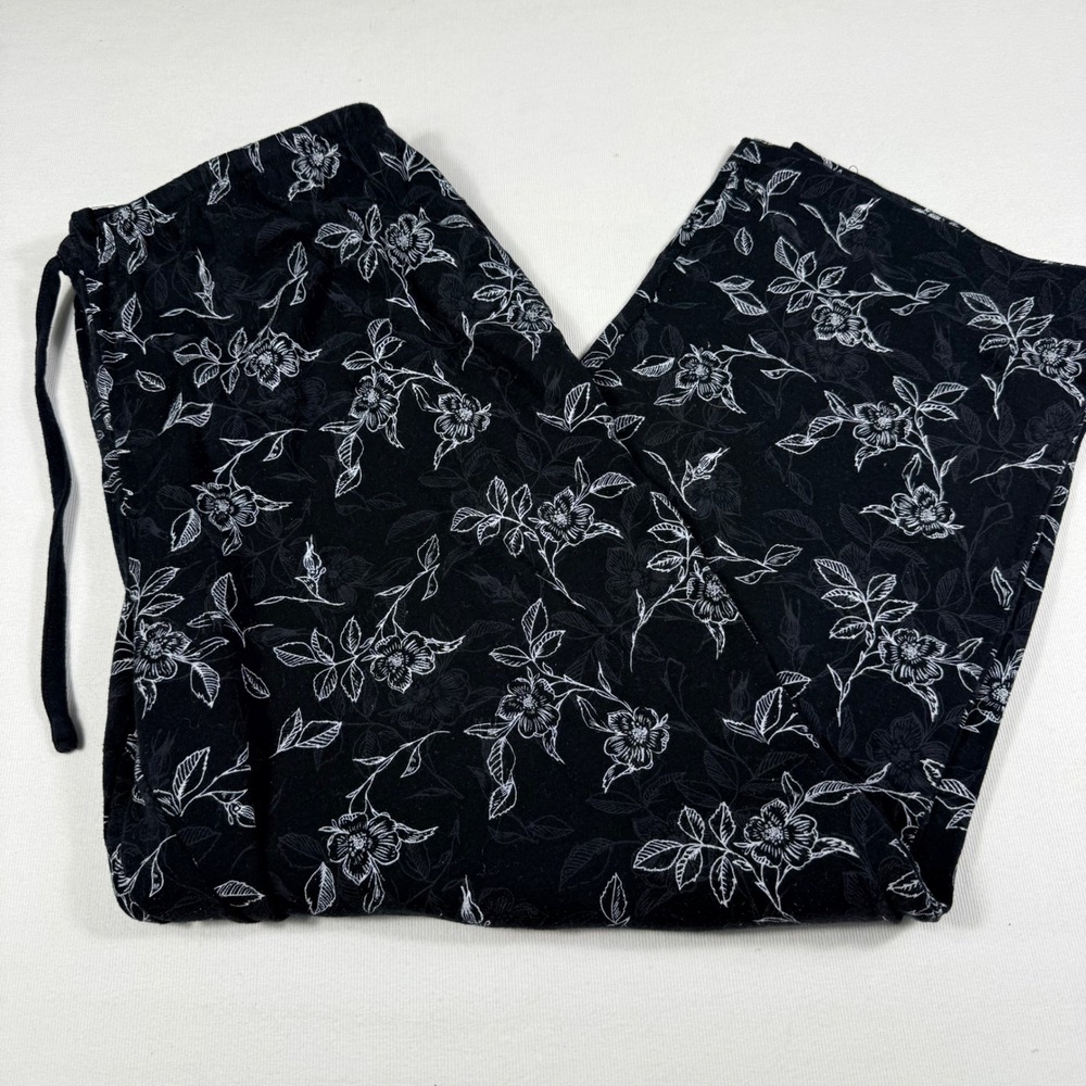 Unbranded Floral Lounge Pants L Black White Wide Leg Cotton Bld Drawstring Comfy